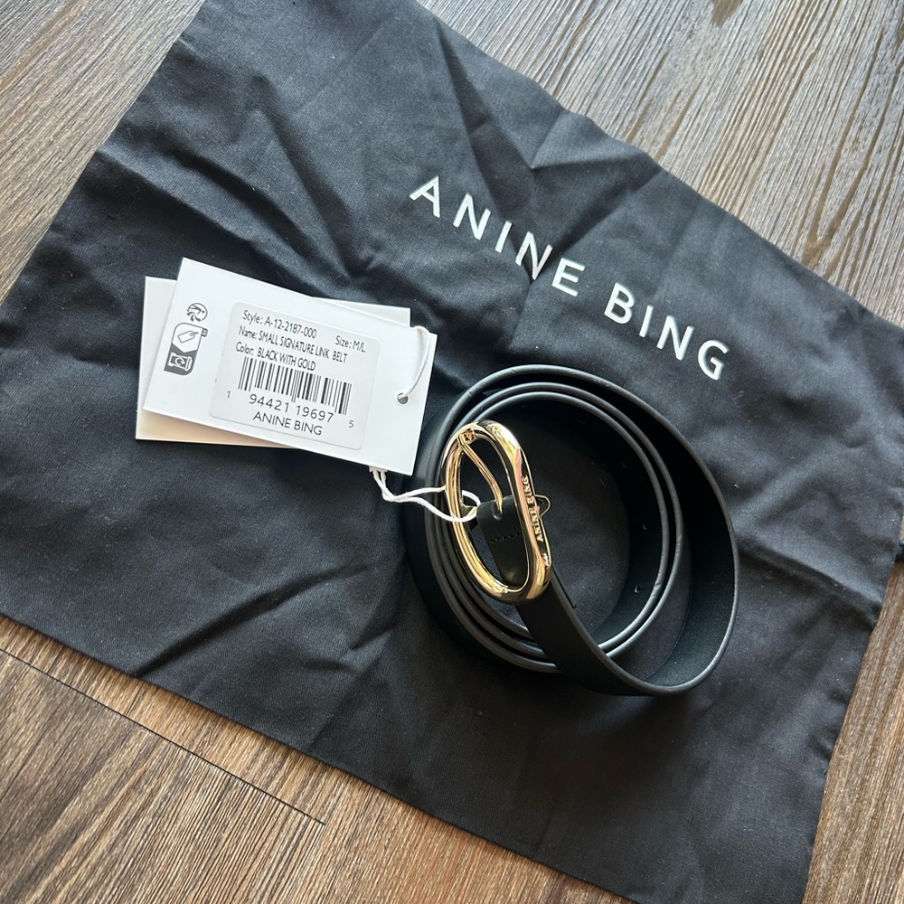 ANINE BING WOMENS BLACK SMALL SIGNATURE LINK BELT 100% LEATHER GOLD SIZE M NWT